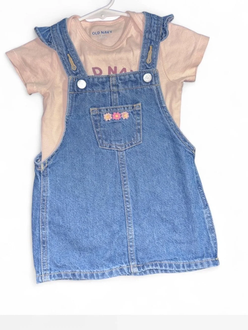 Old Navy Pink Strawberry Graphic Onesie with Blue Denim Overall Dress